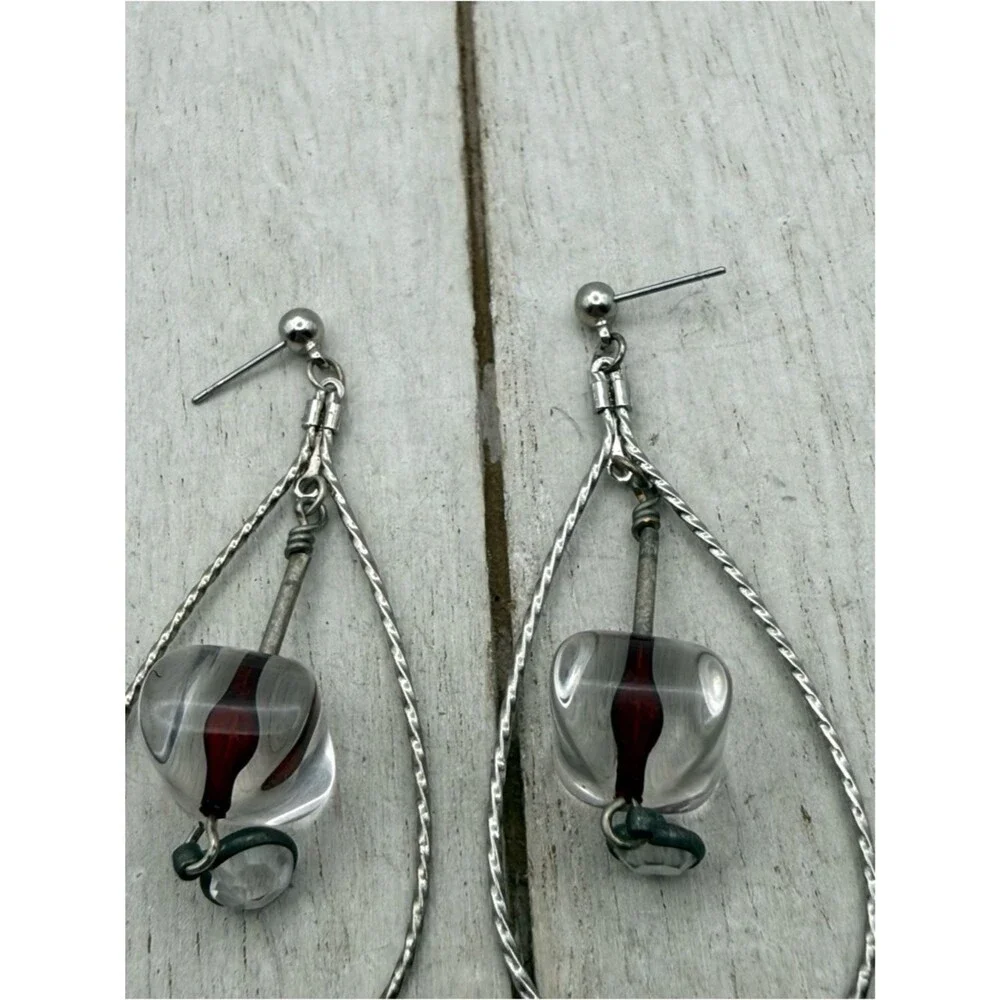 Vintage Clear Glass Drop Earrings with Red Accent
